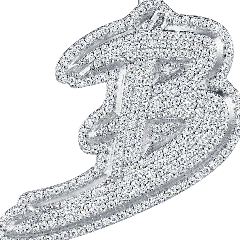 Initial B Moissanite Iced Cursive Letter Pendant Necklace in Sterling Silver