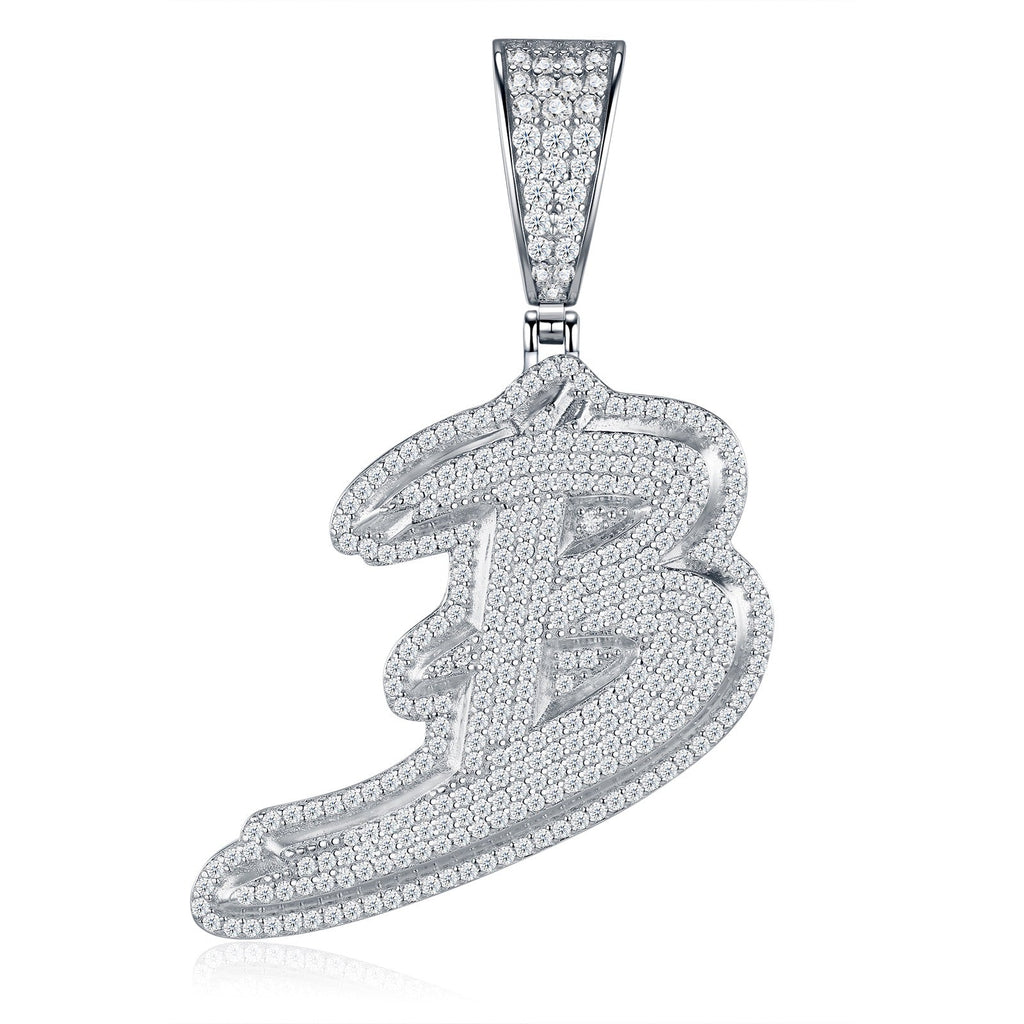 Initial B Moissanite Iced Cursive Letter Pendant Necklace in Sterling Silver