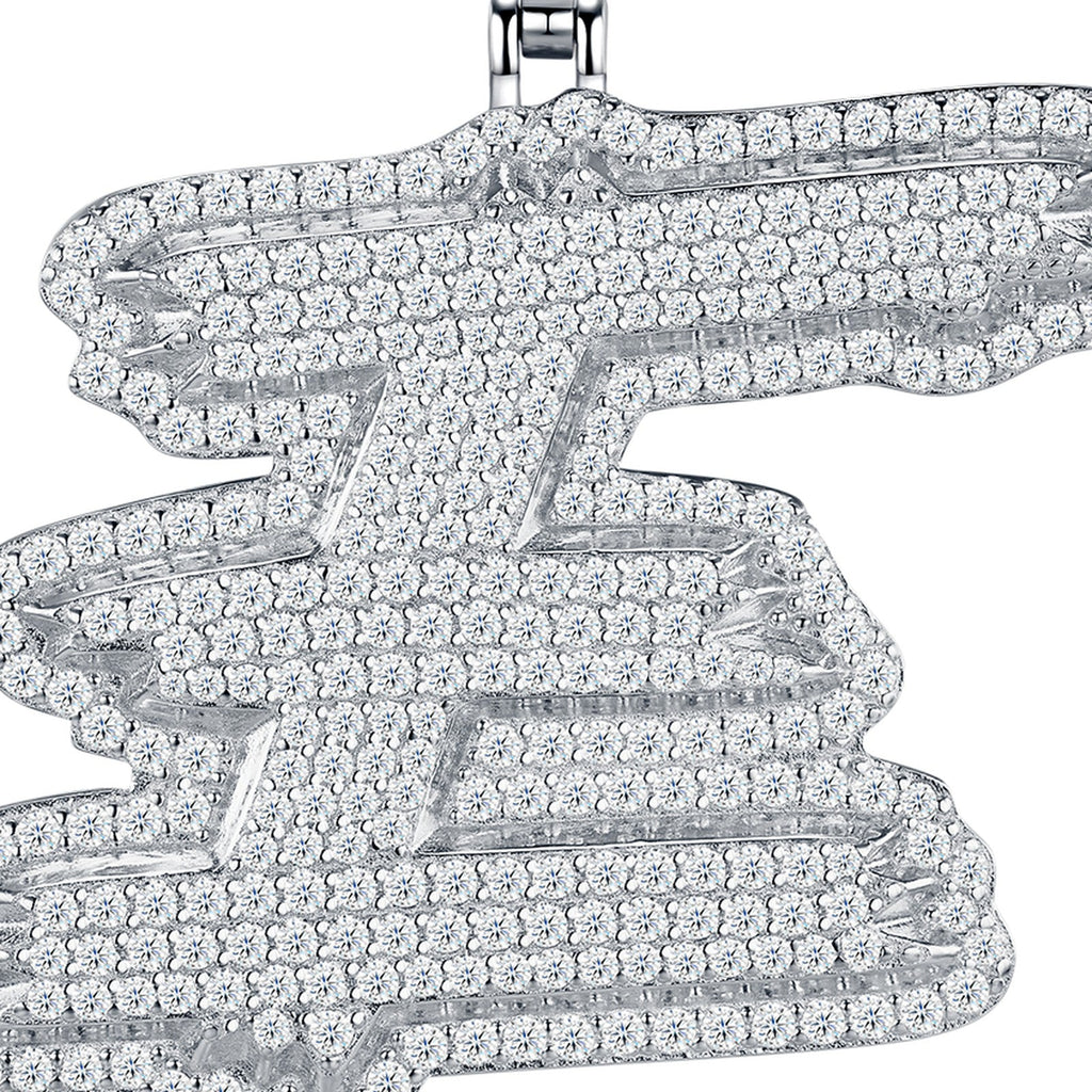 Initial E Moissanite Iced Cursive Letter Pendant Necklace in Sterling Silver