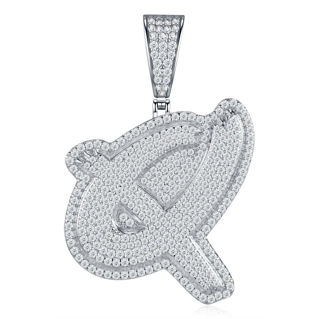 Initial Q Moissanite Iced Cursive Letter Pendant Necklace in Sterling Silver
