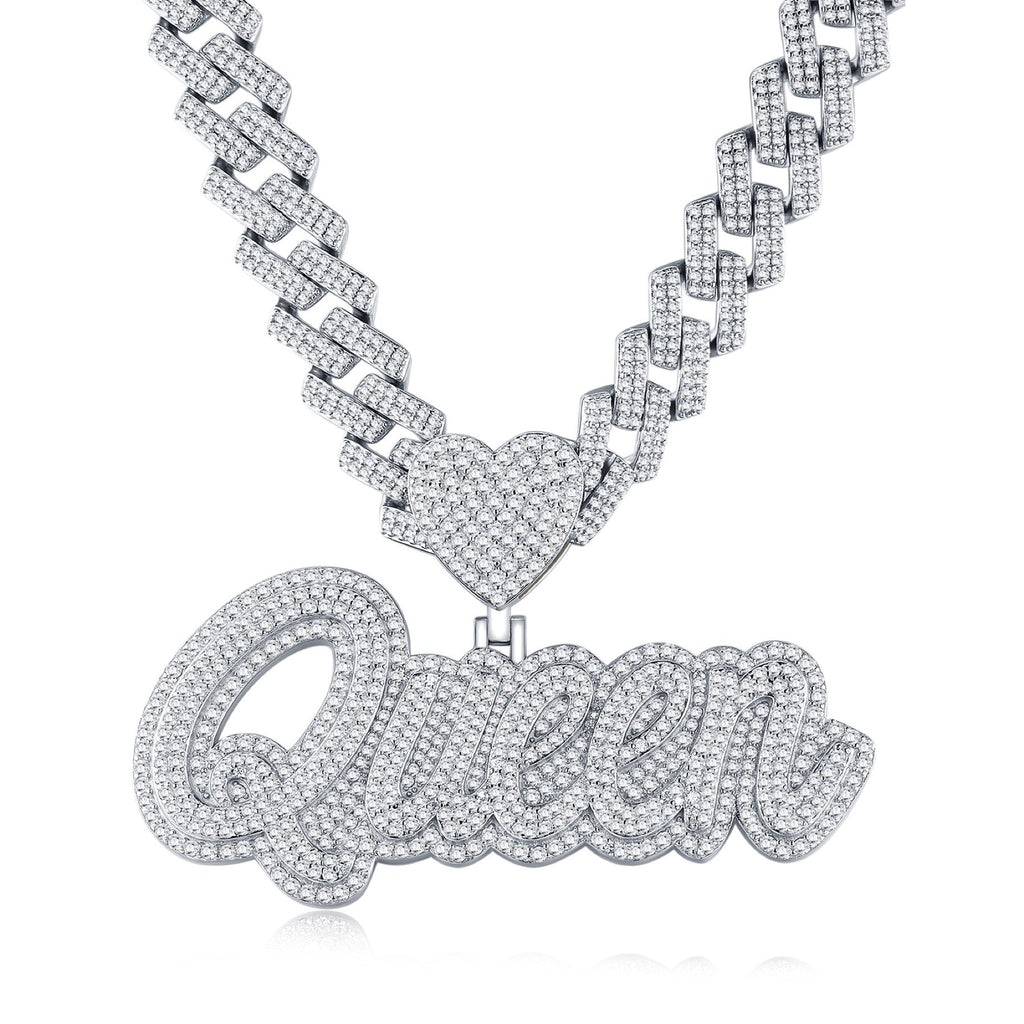 Queen Moissanite Nameplate Necklace in Sterling Silver