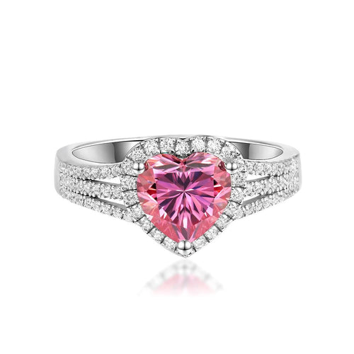 Amoretta 2 Carat Pink Heart Moissanite Halo Ring in Sterling Silver
