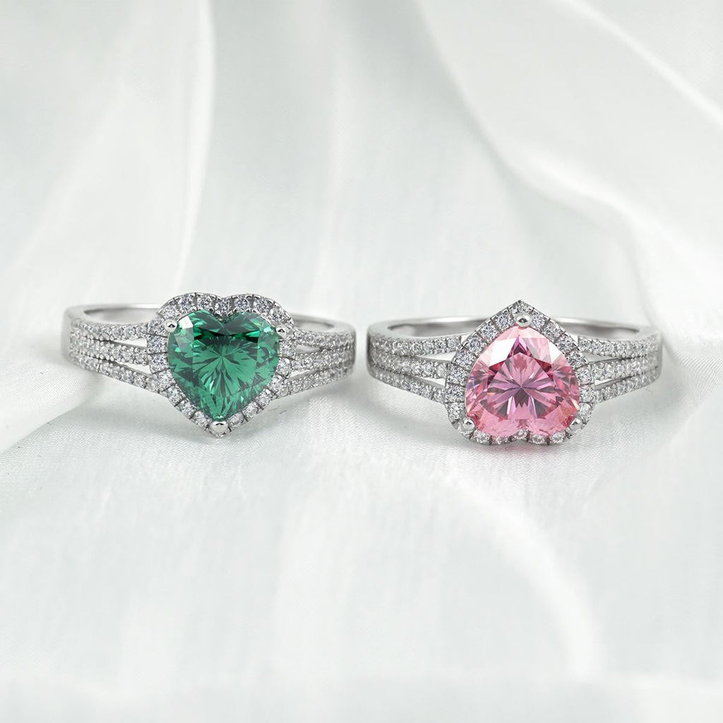 Amoretta 2 Carat Pink Heart Moissanite Halo Ring in Sterling Silver