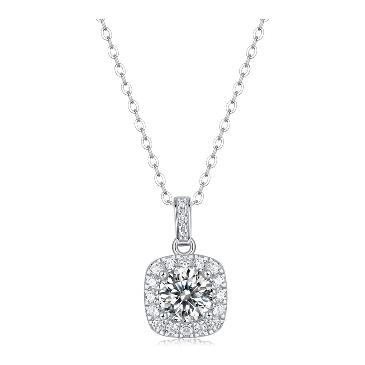 Sugar 1 Carat Moissanite Cushion Halo Necklace in Sterling Silver