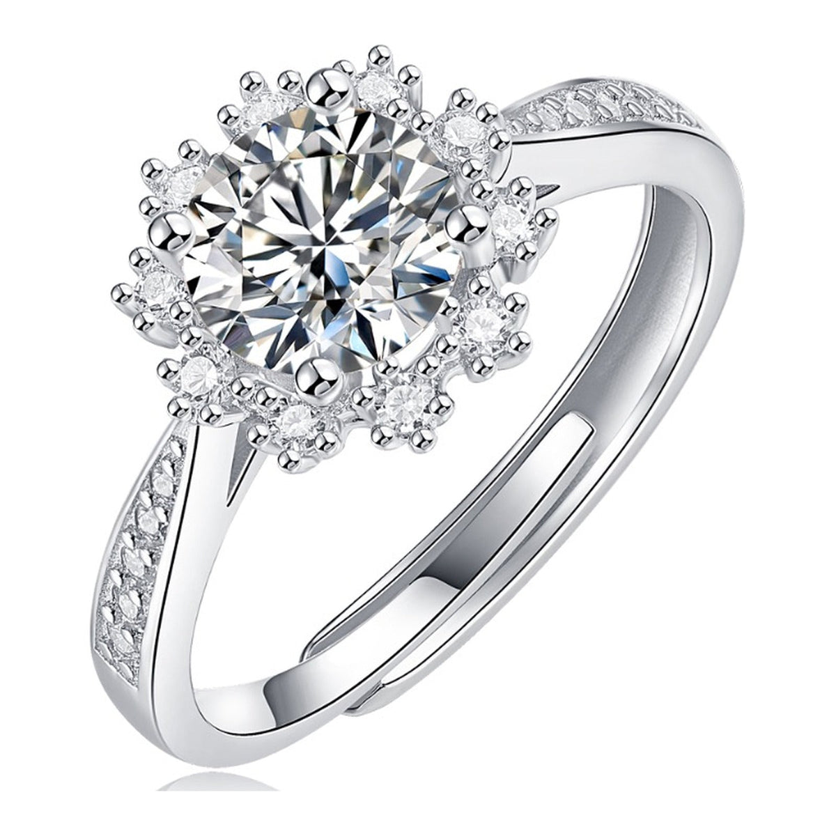 Sunburst 1 Carat Moissanite Halo Ring in Sterling Silver