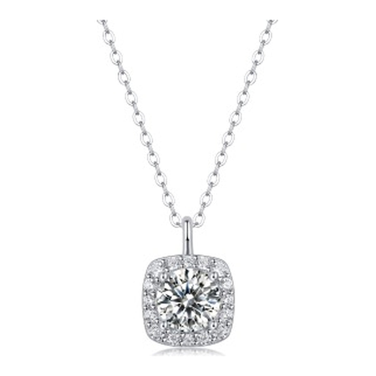 Cushion 1 Carat Moissanite Halo Pendant Necklace in Sterling Silver