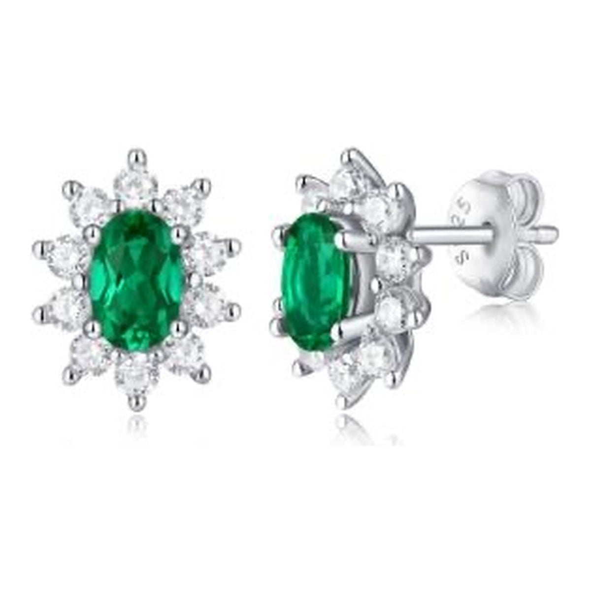 Verdi Green Oval Stone Halo Stud Earrings in Sterling Silver