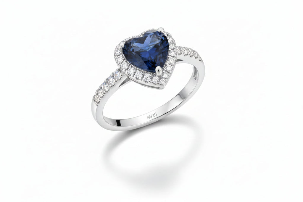 Midnight 2 Carat Blue Heart Moissanite Halo Ring in Sterling Silver