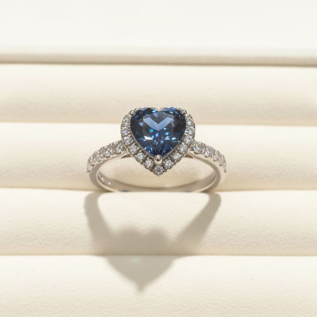 Midnight 2 Carat Blue Heart Moissanite Halo Ring in Sterling Silver